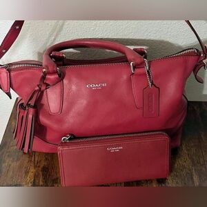 COACH Red Leather Satchel with Matching Zip Wallet Med Sized